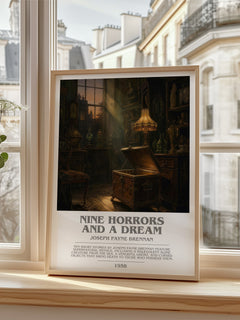 Nine Horrors And A Dream Bookish Wall Art by Joseph Payne Brennan – framed print by a bright window