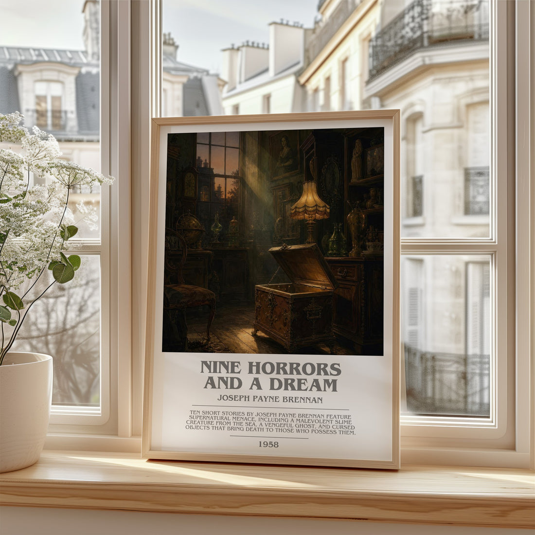 Nine Horrors And A Dream Bookish Wall Art by Joseph Payne Brennan – framed print by a bright window