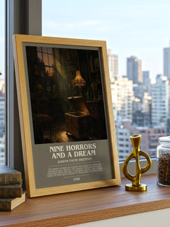 Nine Horrors And A Dream Bookish Wall Art by Joseph Payne Brennan – framed print on a city-view windowsill