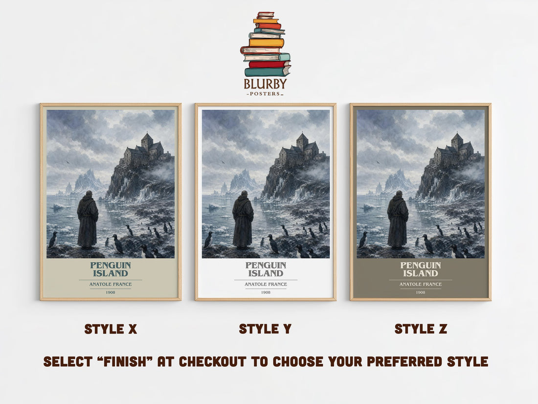 Penguin Island book cover print in frame leaning in hallway – satire wall art (mockup)