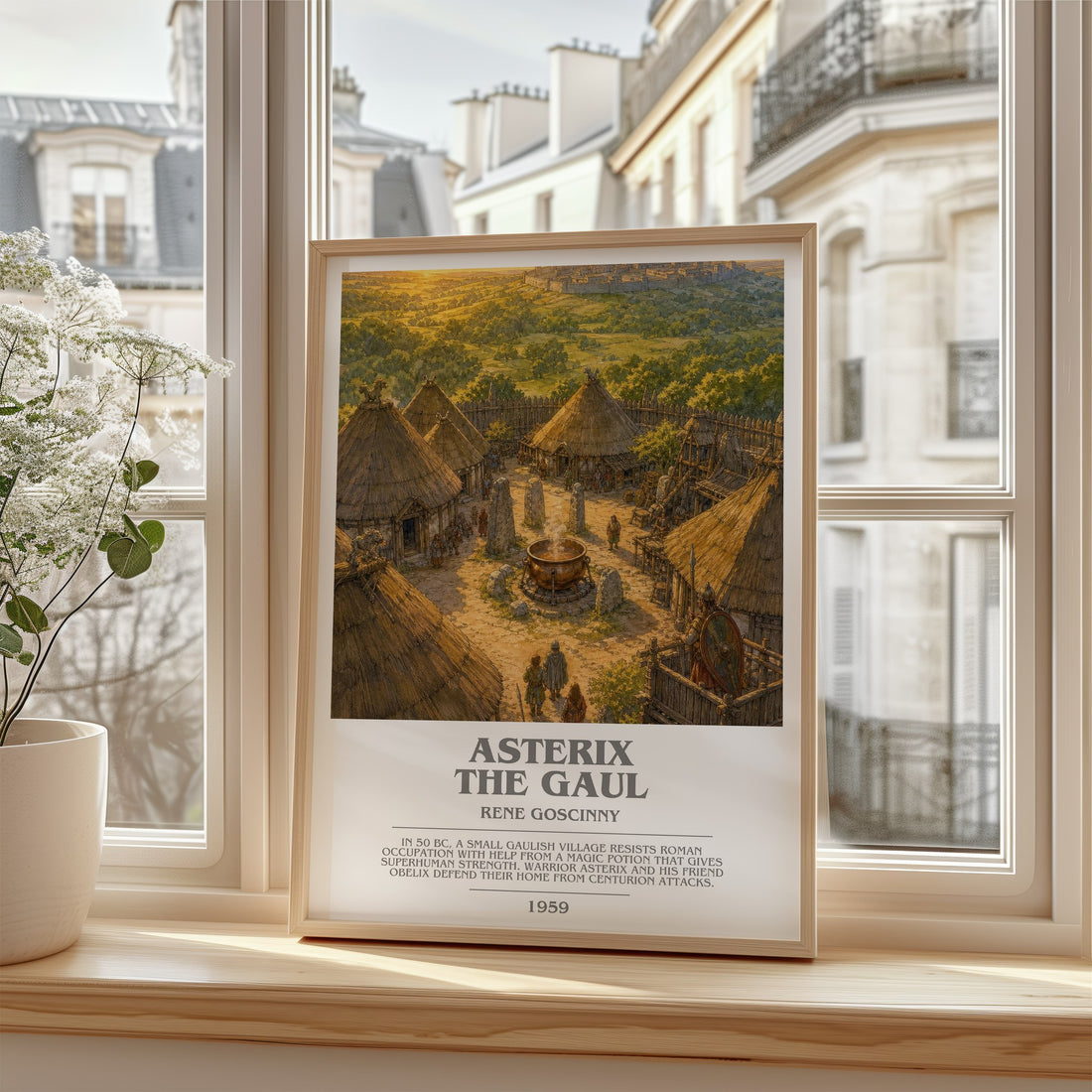 Asterix the Gaul Bookish Wall Art by Rene Goscinny – framed print by a bright window