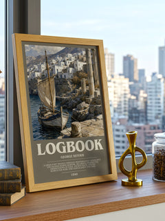 Logbook Bookish Wall Art by George Seferis – framed print on a city-view windowsill
