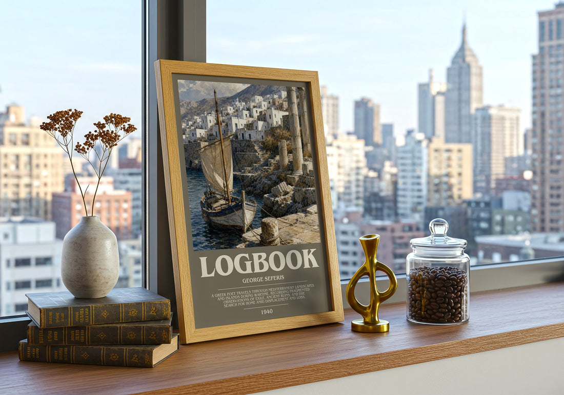 Logbook Bookish Wall Art by George Seferis – framed print on a city-view windowsill