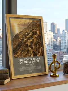 The Forty Days Of Musa Dagh Bookish Wall Art by Franz Werfel – framed print on a city-view windowsill