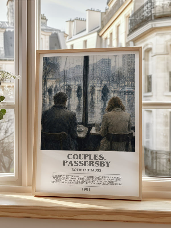 Couples, Passersby Bookish Wall Art by Botho Strauß – framed print by a bright window