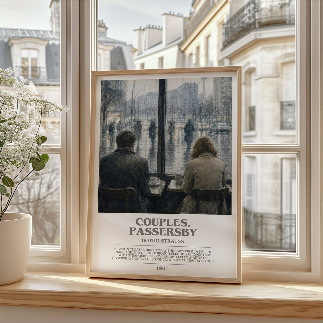 Couples, Passersby Bookish Wall Art by Botho Strauß – framed print by a bright window