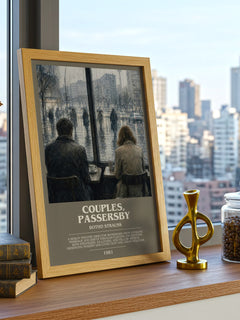 Couples, Passersby Bookish Wall Art by Botho Strauß – framed print on a city-view windowsill