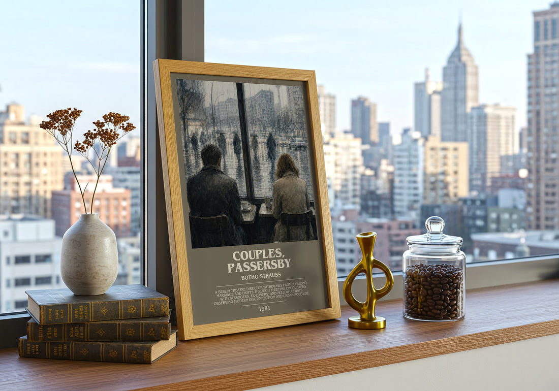 Couples, Passersby Bookish Wall Art by Botho Strauß – framed print on a city-view windowsill