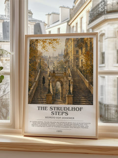 The Strudlhof Steps Bookish Wall Art by Heimito von Doderer – framed print by a bright window