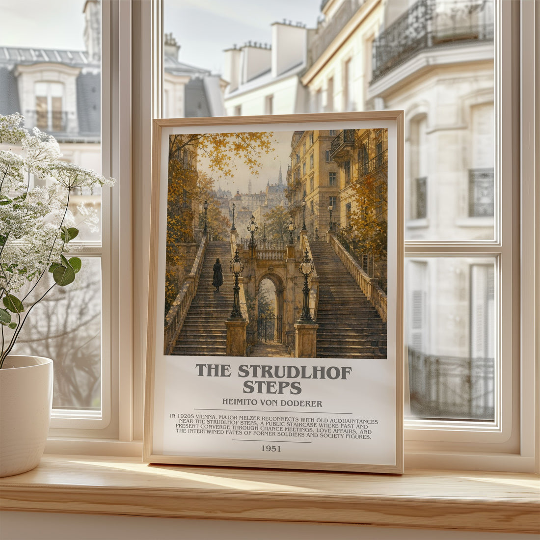 The Strudlhof Steps Bookish Wall Art by Heimito von Doderer – framed print by a bright window
