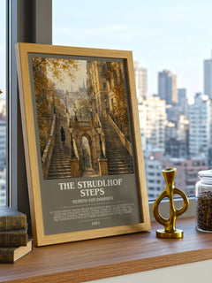 The Strudlhof Steps Bookish Wall Art by Heimito von Doderer – framed print on a city-view windowsill