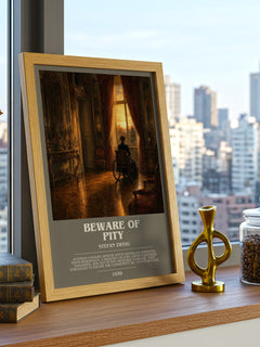 Beware Of Pity Bookish Wall Art by Stefan Zweig – framed print on a city-view windowsill