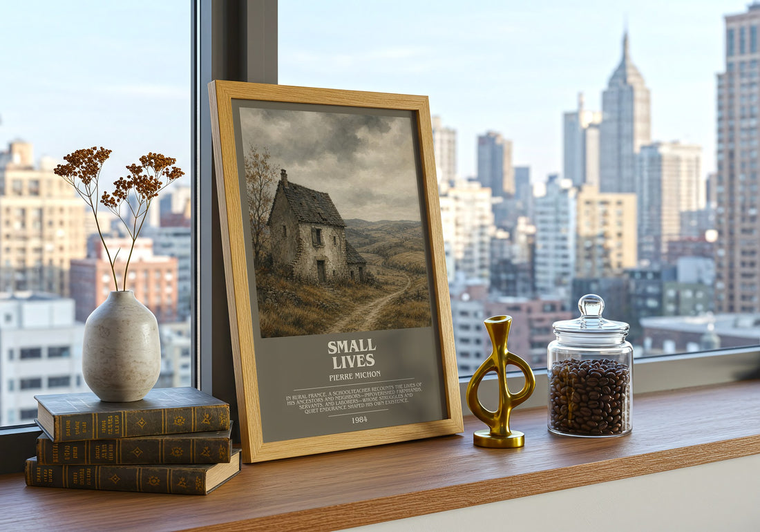 Small Lives Bookish Wall Art by Pierre Michon – framed print on a city-view windowsill