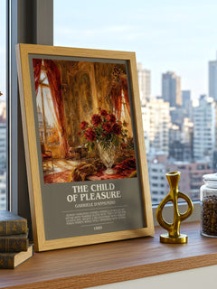 The Child Of Pleasure Bookish Wall Art by Gabriele D'Annunzio – framed print on a city-view windowsill