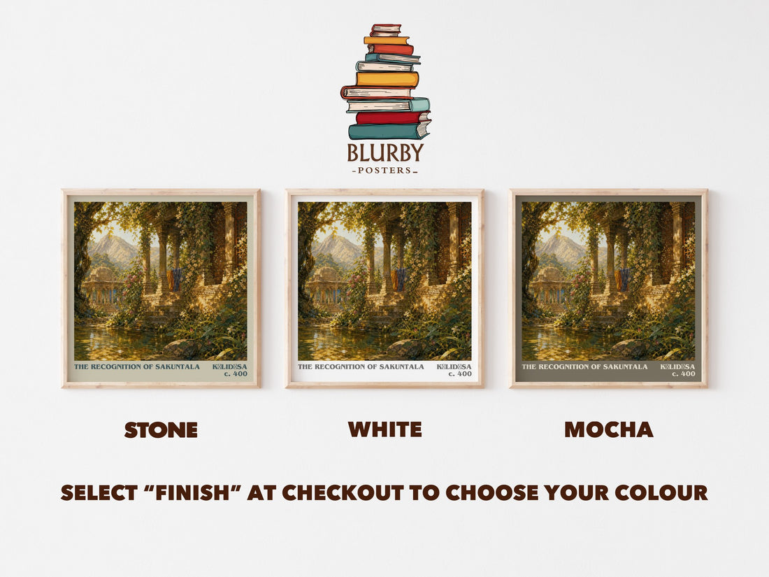 The Recognition of Sakuntala literary print framed by window – Stone, White and Mocha square prints side by side – choose your colour