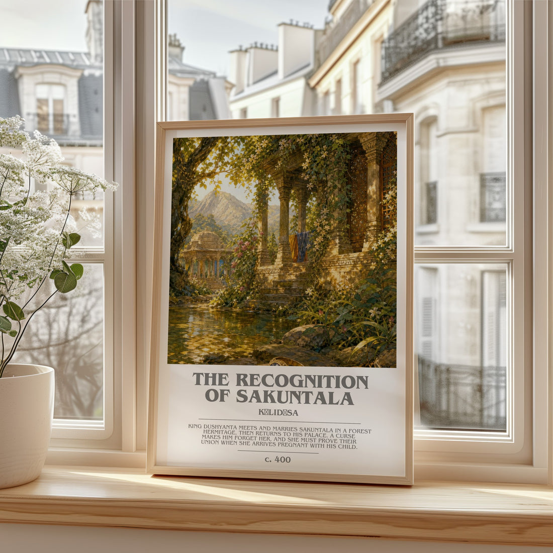 The Recognition of Sakuntala bookish print in frame leaning in hallway – poetry wall art