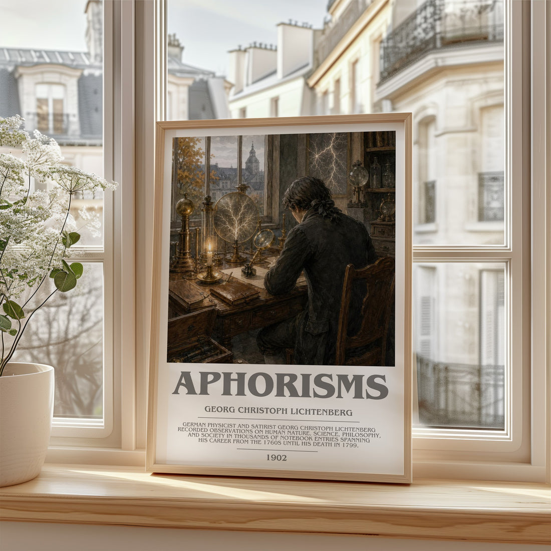 Aphorisms Bookish Wall Art by Georg Christoph Lichtenberg – framed print by a bright window