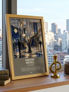 Grand Hotel Bookish Wall Art by Vicki Baum – framed print on a city-view windowsill