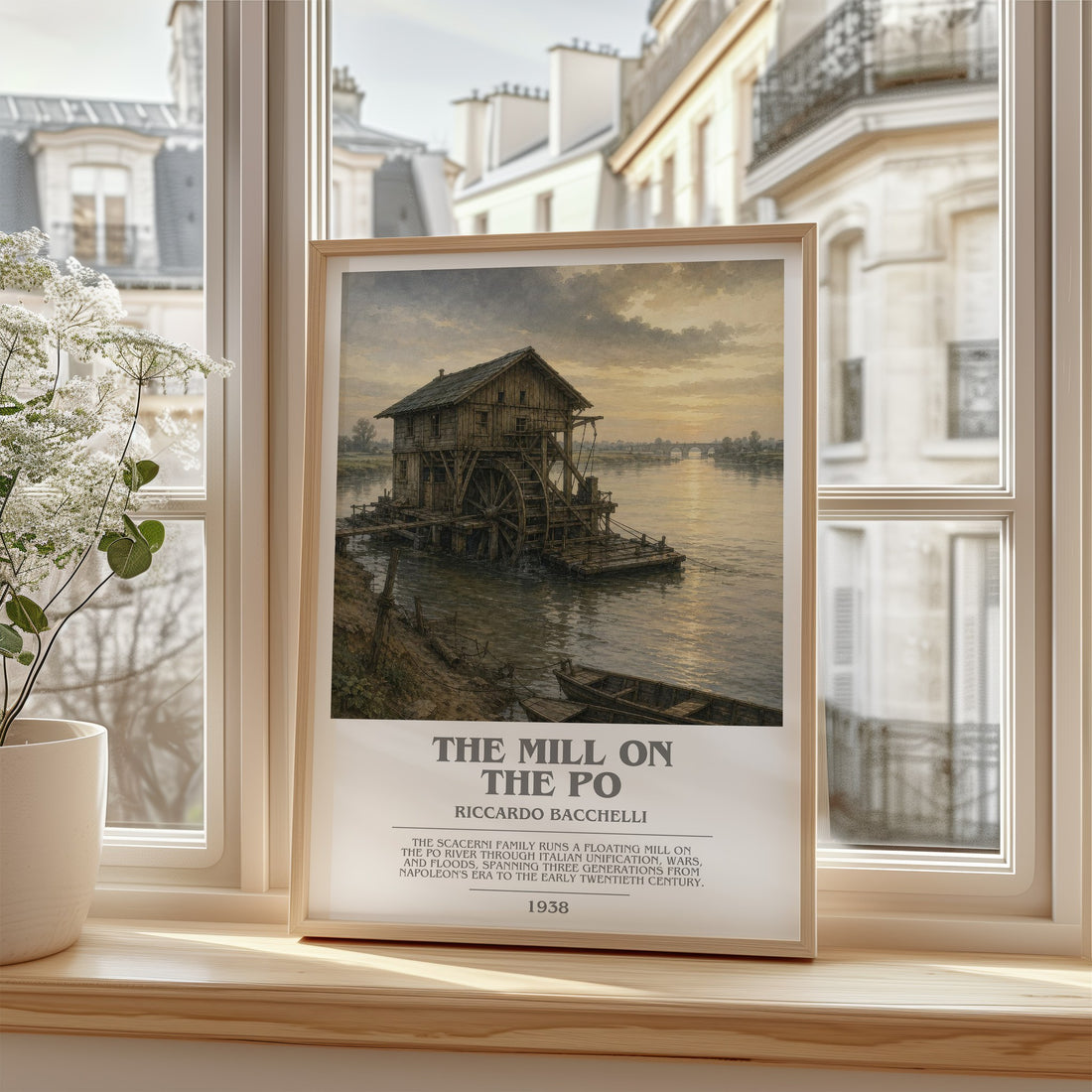The Mill On The Po Bookish Wall Art by Riccardo Bacchelli – framed print by a bright window