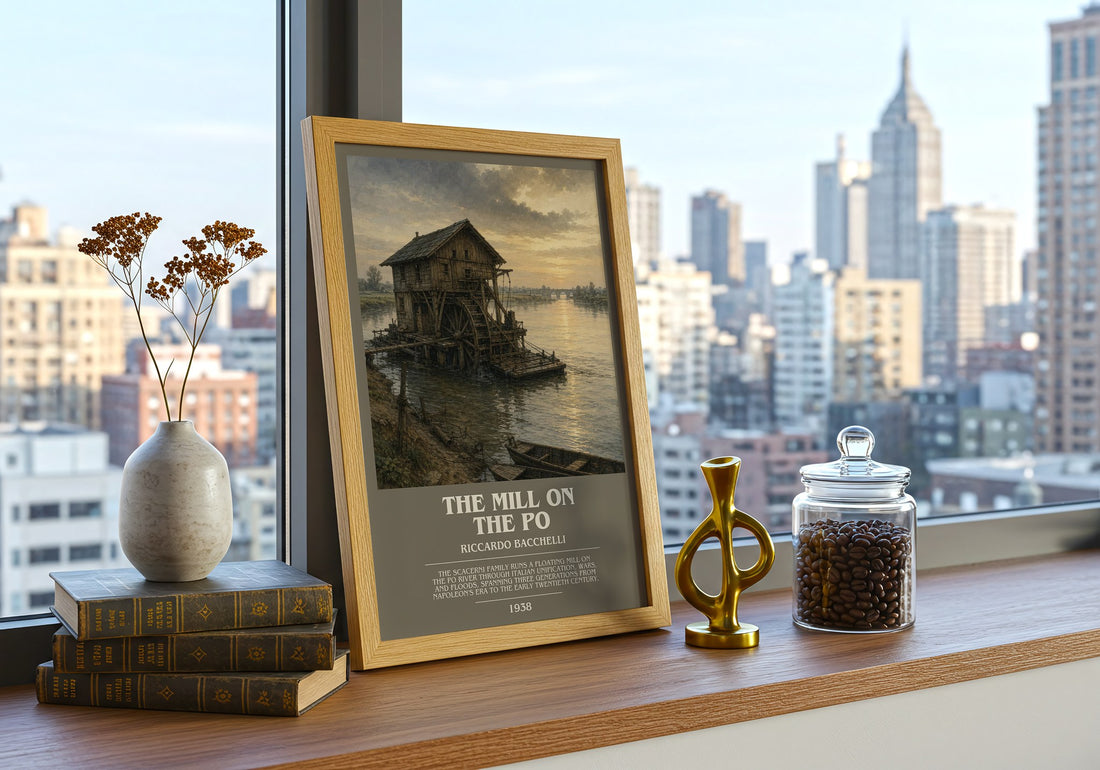 The Mill On The Po Bookish Wall Art by Riccardo Bacchelli – framed print on a city-view windowsill