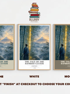 The Tale of the Bamboo Cutter book cover print framed by window – Stone, White and Mocha side by side – choose your colour