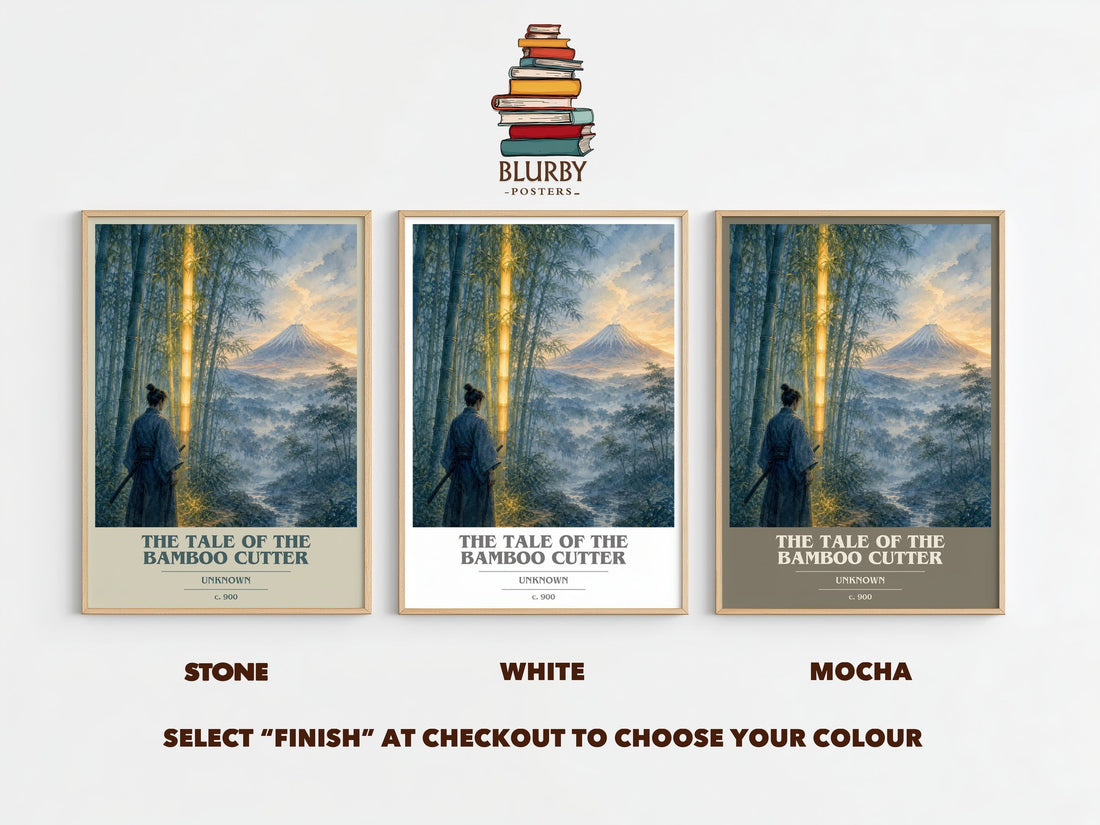 The Tale of the Bamboo Cutter book cover print framed by window – Stone, White and Mocha side by side – choose your colour