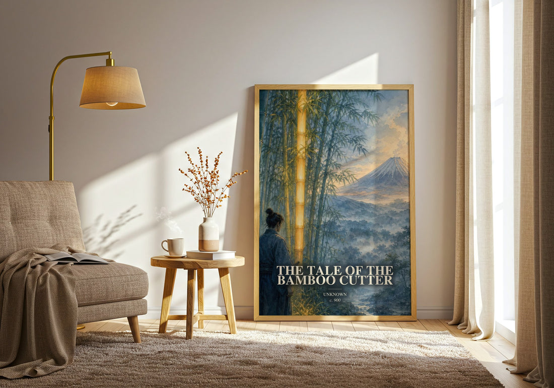 The Tale of the Bamboo Cutter watercolour print in frame leaning in hallway – classic literature wall art