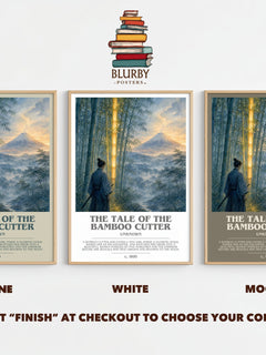 The Tale of the Bamboo Cutter bookish print framed by window – Stone, White and Mocha side by side – choose your colour