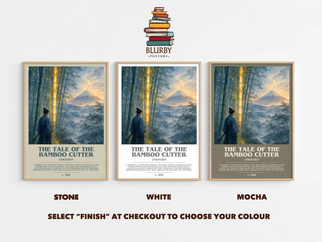 The Tale of the Bamboo Cutter bookish print framed by window – Stone, White and Mocha side by side – choose your colour