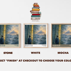 The Tale of the Bamboo Cutter literary print framed by window – Stone, White and Mocha square prints side by side – choose your colour