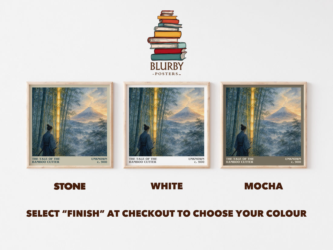The Tale of the Bamboo Cutter literary print framed by window – Stone, White and Mocha square prints side by side – choose your colour