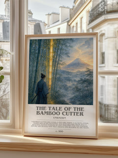 The Tale of the Bamboo Cutter bookish print in frame leaning in hallway – classic literature wall art