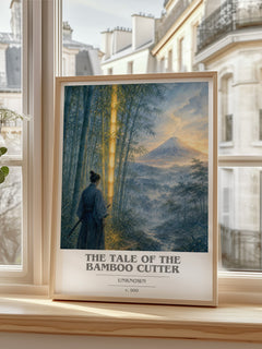 The Tale of the Bamboo Cutter book cover print in frame leaning in hallway – classic literature wall art