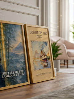 The Tale of the Bamboo Cutter watercolour print framed by window – literary home decor