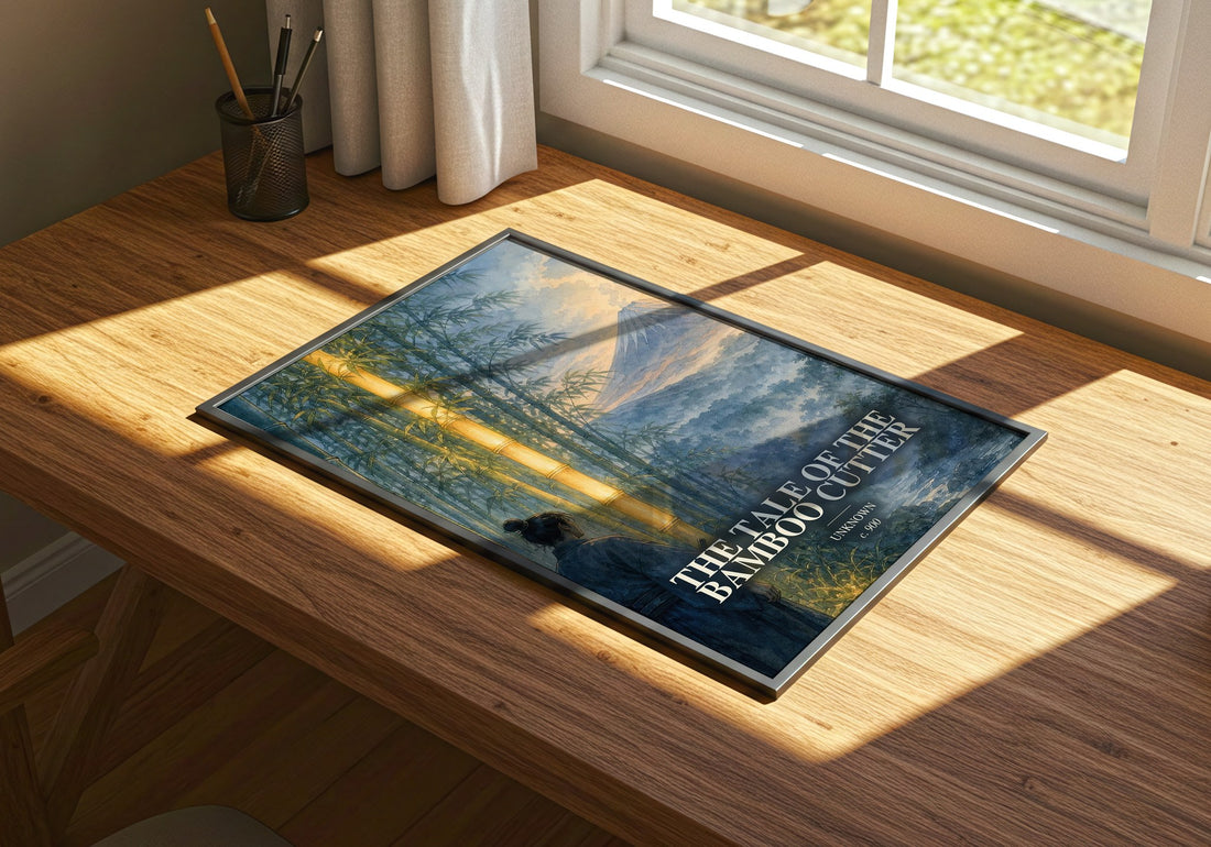 The Tale of the Bamboo Cutter watercolour book poster framed on wall – classic literature wall art