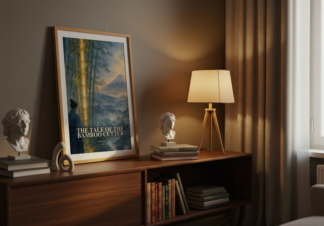 The Tale of the Bamboo Cutter watercolour print on bookshelf – Unknown fan gift