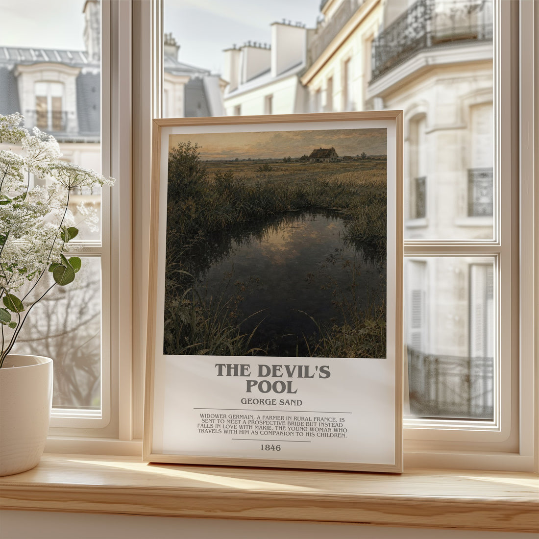 The Devil's Pool Bookish Wall Art by George Sand – framed print by a bright window