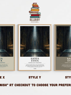 Santa Evita Bookish Wall Art by Tomás Eloy Martínez – Style X, Y and Z side by side – choose your finish