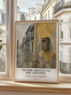 No One Writes to the Colonel book cover print in frame leaning in hallway – literary fiction wall art