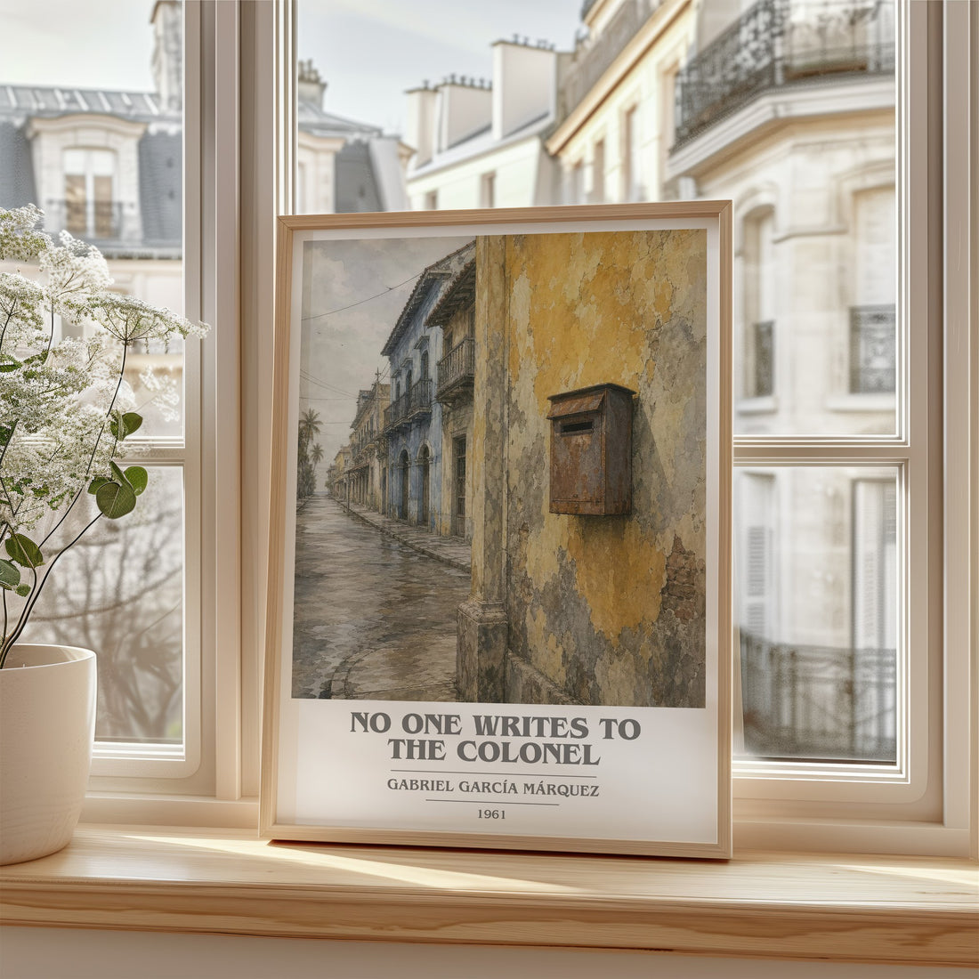 No One Writes to the Colonel book cover print in frame leaning in hallway – literary fiction wall art
