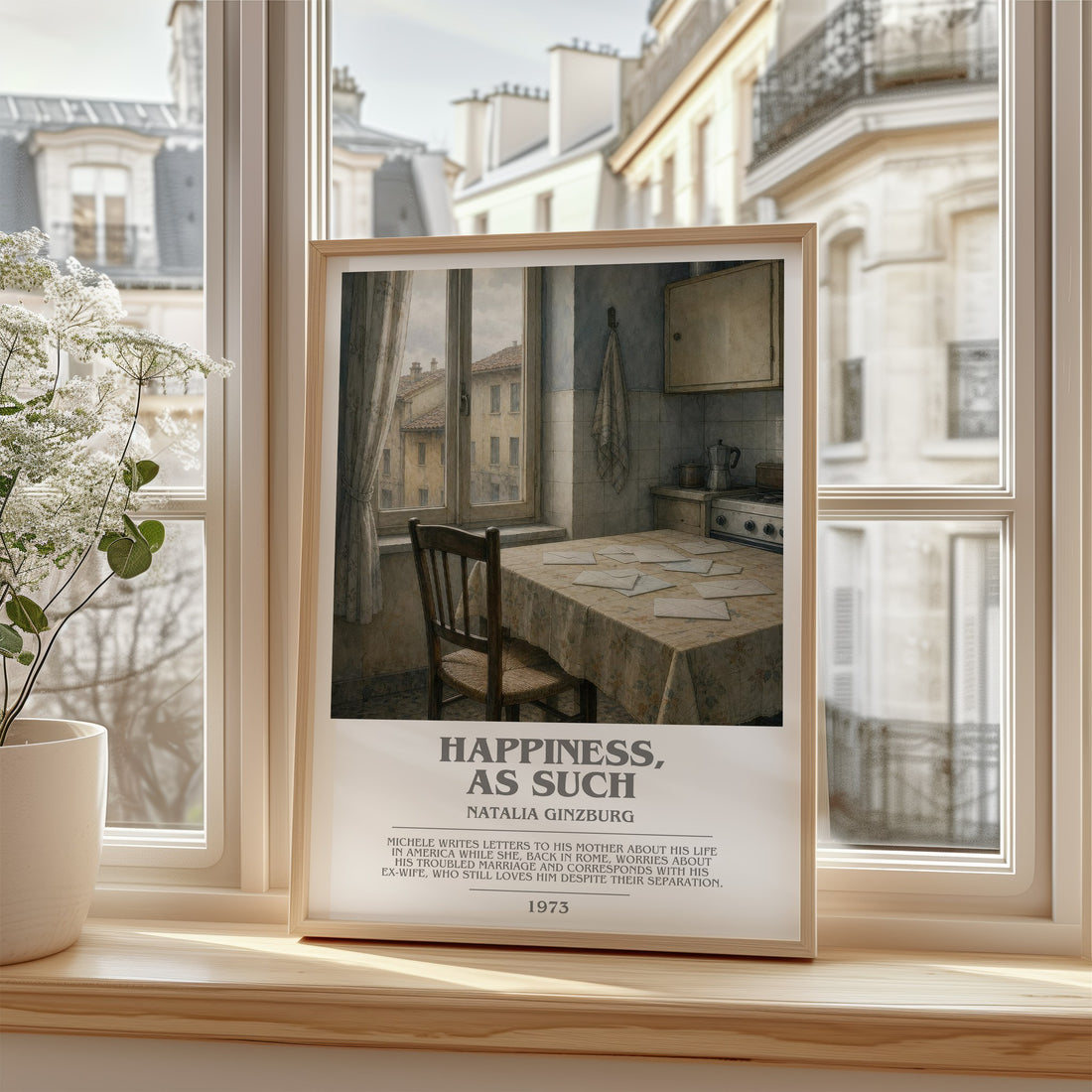 Happiness, as Such Bookish Wall Art by Natalia Ginzburg – framed print by a bright window