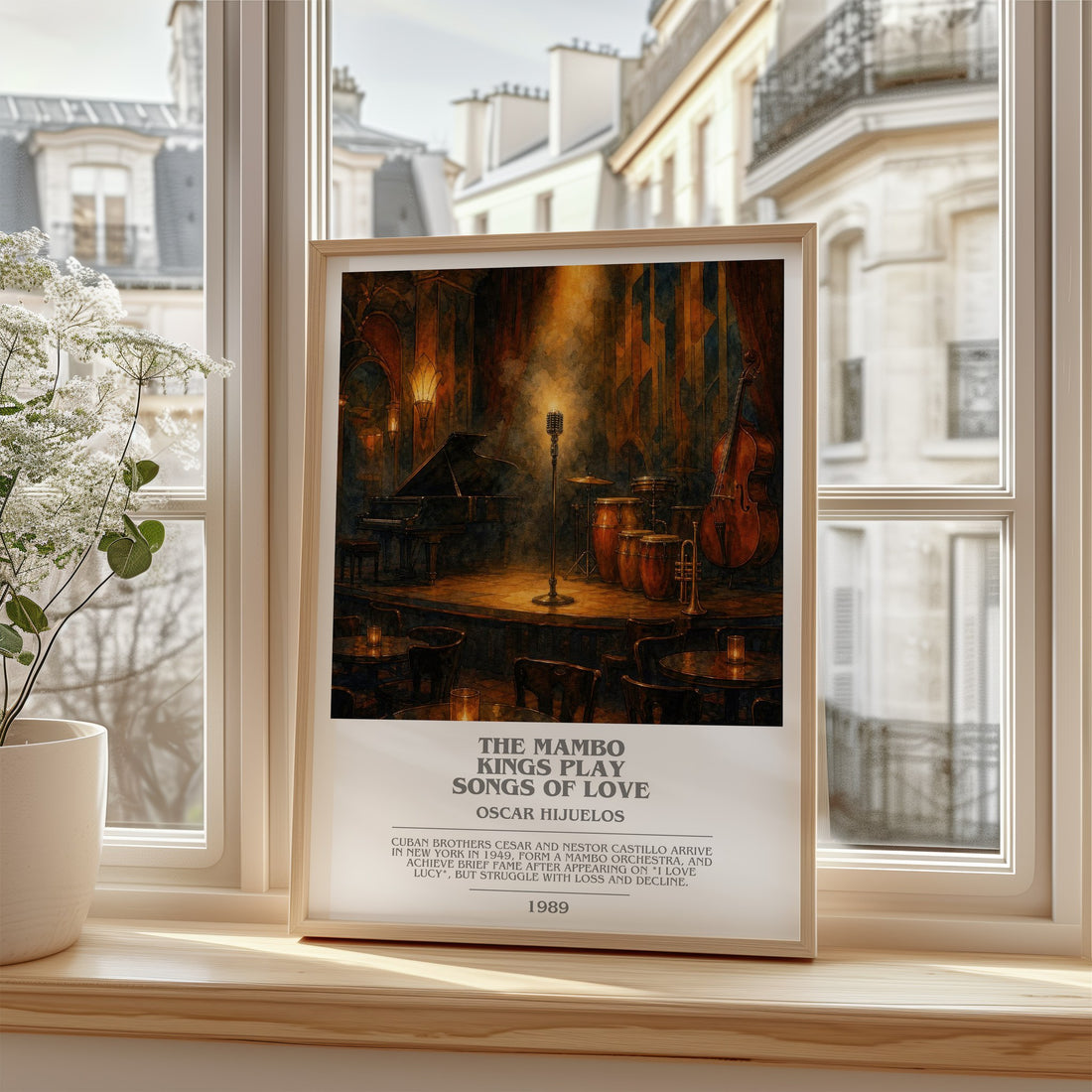 The Mambo Kings Play Songs of Love Bookish Wall Art by Oscar Hijuelos – framed print by a bright window