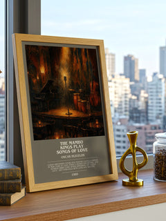 The Mambo Kings Play Songs of Love Bookish Wall Art by Oscar Hijuelos – framed print on a city-view windowsill