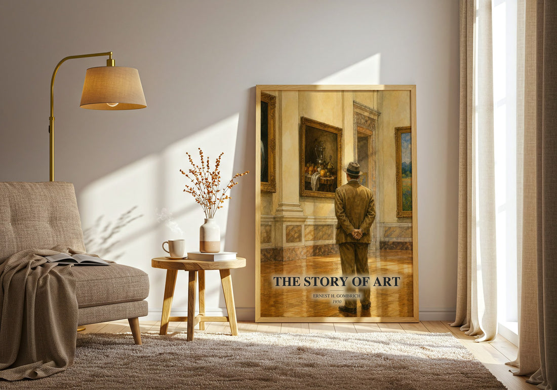 The Story of Art watercolour print in frame leaning in hallway – __new__:educational wall art