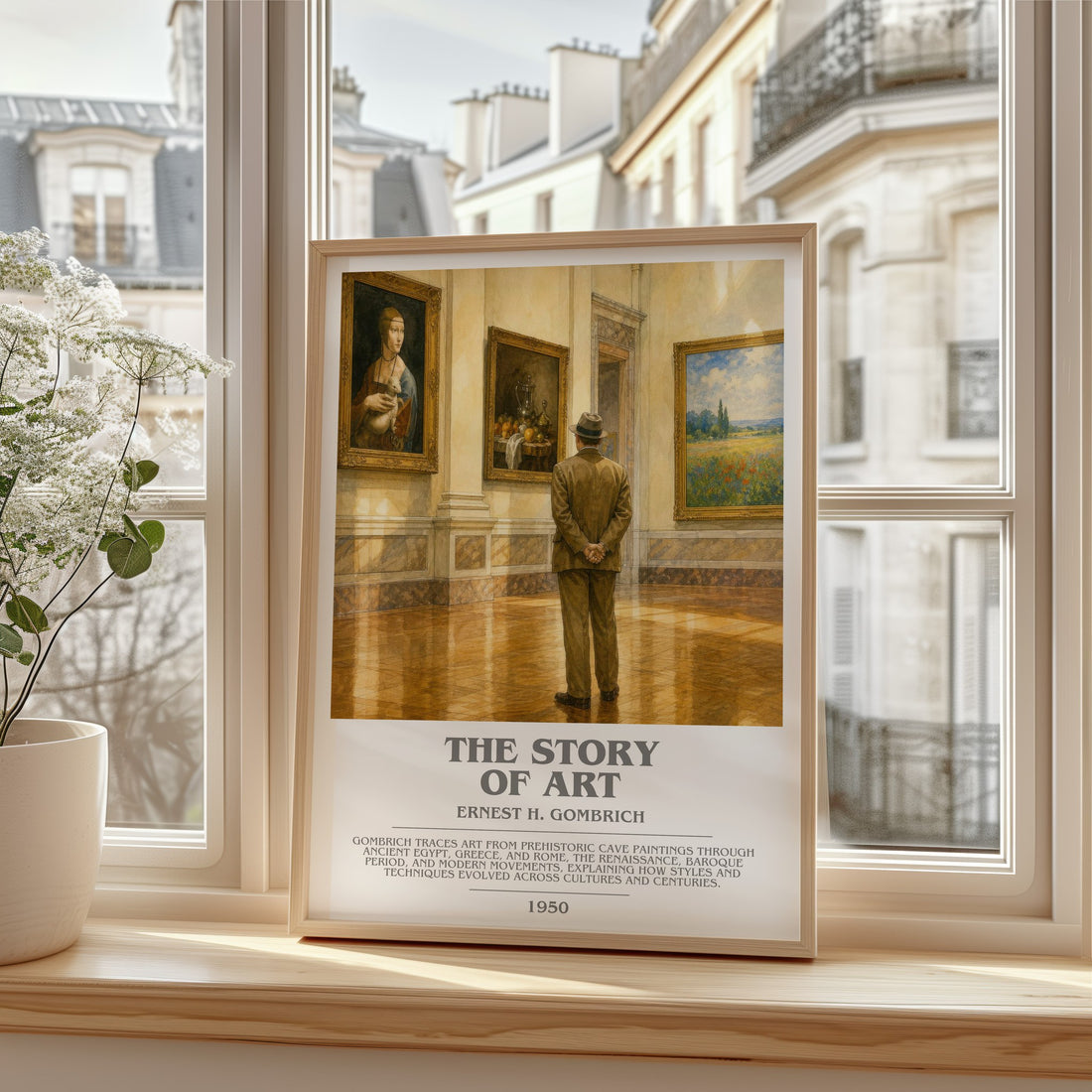 The Story of Art bookish print in frame leaning in hallway – __new__:educational wall art