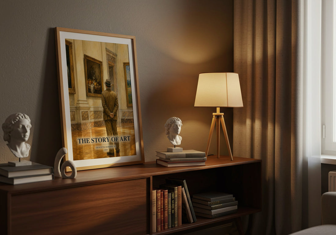 The Story of Art watercolour print on bookshelf – Ernest H. Gombrich fan gift