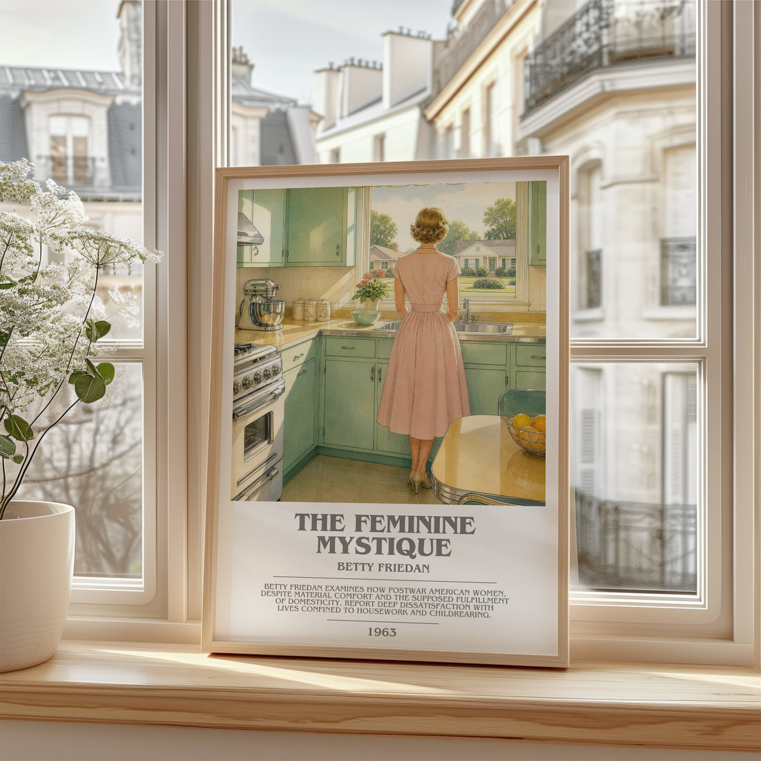 The Feminine Mystique Bookish Wall Art by Betty Friedan – framed print by a bright window
