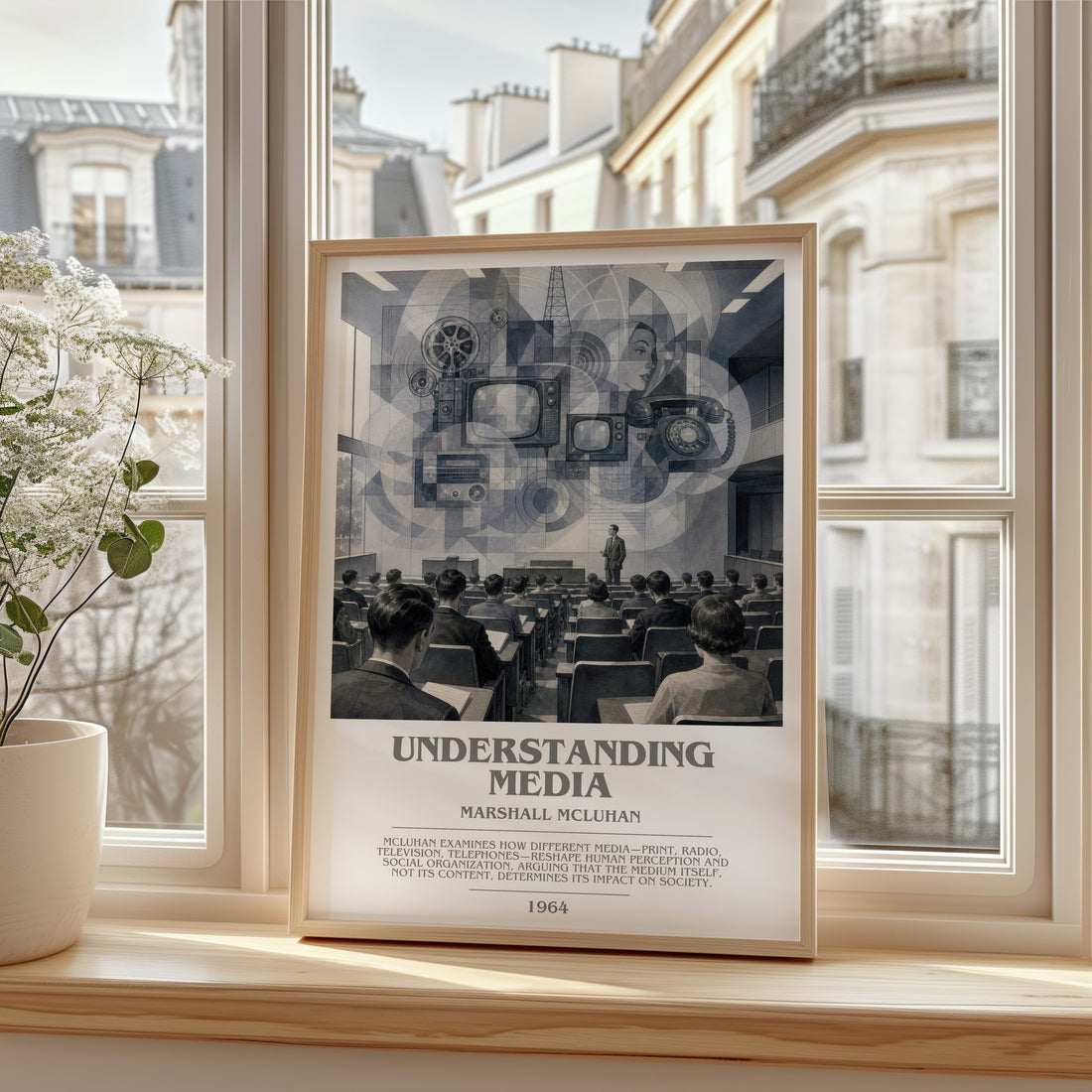 Understanding Media bookish print in frame leaning in hallway – non fiction wall art