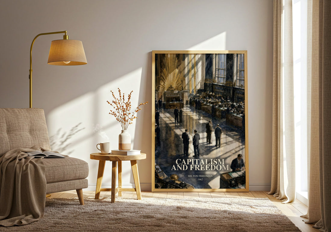 Capitalism and Freedom watercolour print in frame leaning in hallway – non fiction wall art