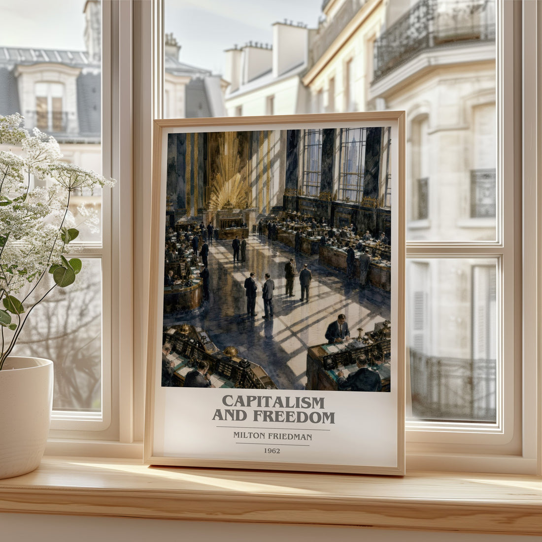 Capitalism and Freedom book cover print in frame leaning in hallway – non fiction wall art